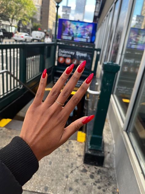 Red Gel Overlay Nails, Red Nail 2023, Brown Hand Nails, Long Almond Gel Nails, Red Badem Nails, Red Nails For Brown Skin, Red Almond Nails Black Women, Gel X Red Nails, Nails Acrylic Brown Skin