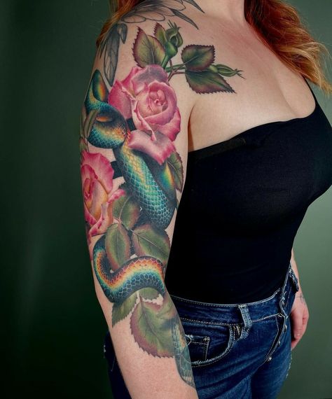 Feminine Snake Tattoo Beautiful, Colored Tattoo Sleeve Women, Moody Tattoo Aesthetic, Rainbow Snake Tattoo, Half Sleeve Tattoos Traditional, Skull Tattoo Flowers, Soft Tattoo, Medieval Tattoo, Feminine Tattoo Sleeves