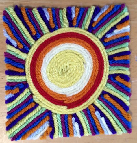 Kathy's AngelNik Designs & Art Project Ideas: Mexican Sun Huichol Yarn Painting Art Lesson Mexican Yarn Painting, Yarn Painting Art, Huichol Yarn Painting, Mexican Sun, Montessori Art, Weather Unit, Yarn Painting, 6th Grade Art, 3rd Grade Art