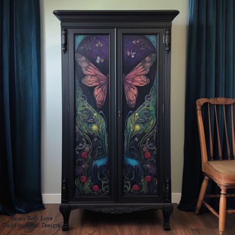 Witchy Furniture, Wardrobe Painting, Painted Armoire, Whimsical Bedroom, Painted Wardrobe, Whimsical Painted Furniture, Dark Home Decor, Wardrobe Furniture, Diy Furniture Renovation