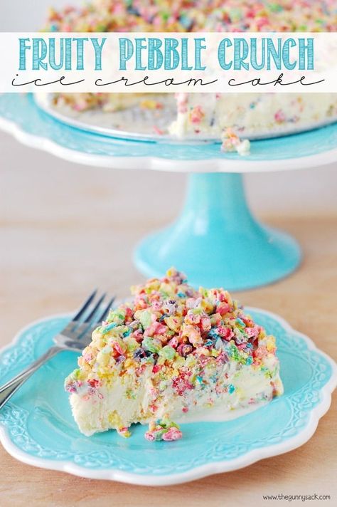 Fruity Pebble Crunch Ice Cream Cake Fruity Pebble Cookies, Diy Ice Cream Cake, Fruity Pebble, Cereal Dessert, Ice Cream Cake Recipe, Crunch Cake, Ice Cake, Diy Ice Cream, Chocolate Nutella