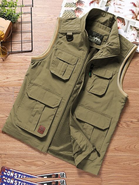 Khaki Street  Sleeveless Polyester Plain Vest  Non-Stretch Spring/Fall Men Outerwear Mens Sleeveless Jacket, Multi Pocket Vest, Adidas Outfit Women, Stand Collar Top, Half Jacket, Pocket Vest, Jeans Outfit Women, Utility Vest, Men Stylish Dress