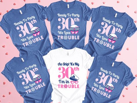 "If you are planning to go on a cruise for your 30th, why not celebrate in style with our matching cute 30th cruise tees! These 30th cruise party tees are perfect for a group of friends celebrating their milestone birthday together on a cruise! Made from high-quality materials, these light weight shirts are comfortable to wear. So, gather your crew and get ready to party in style with our Birthday cruise crew Shirts! * 100% combed and ring-spun cotton * Heather colors contain polyester * Fabric weight: 4.2 oz/yd² (142 g/m²) * Pre-shrunk fabric * Side-seamed construction * Shoulder-to-shoulder taping  (Please note the listing is for ONE t-shirt only) Colors available in White, Pink and Heather True Royal. --- HOW TO ORDER --- 1. Select the Design + Color that you prefer for the shirt. 2. Se 21st Birthday Cruise, Birthday Cruise Shirt, Friends Celebrating, Birthday Cruise, Cruise Gifts, Cruise Shirt, Boat Party, Gift For Sister, Milestone Birthday