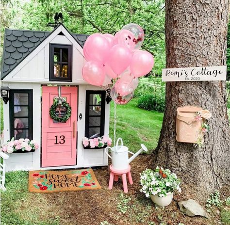 Playhouse Porch Ideas, Kidkraft Lakeside Bungalow Playhouse, Playhouse Flower Bed, Pink Wood Playhouse, Fairy Cottage Playhouse, Custom Playhouse Backyard, Kids Playhouse Decorating Ideas, Playhouse Outdoor Decor, Playhouse Decorating Ideas Outdoor