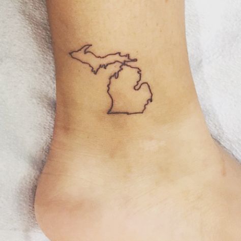 Michigan tattoo, maybe an old english D for Detroit Simple Michigan Tattoo, Lake Michigan Tattoo Ideas, Michigan Outline Tattoo, Michigan Roots Tattoo, Michigan Tattoo Ideas Simple, Small Michigan Tattoo, Michigan Inspired Tattoos, State Of Michigan Tattoo, Michigan Tattoos For Women