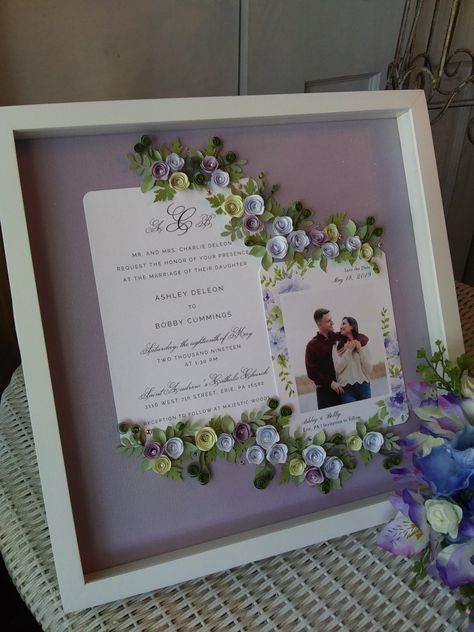 Invitation Keepsake Ideas, Wedding Invitation Shadow Box Ideas, Framed Wedding Invitation Keepsake, Wedding Keepsake Ideas, Shades Of Purple Wedding, Frame Mahar, Wedding Invitation Keepsake, Origami For Kids, Frames Diy Crafts