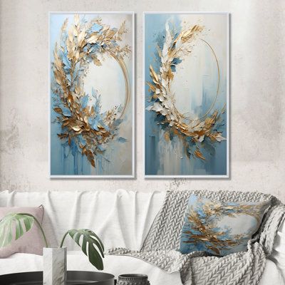 This beautiful "Blue And Gold Wreath Flower" Collage Set of 2 Wall art is printed on premium quality cotton canvas using the finest fade-resistant ink. With options like Wrapped Canvas and Floater Framed Wall Decor, we offer a versatile range to cater to your unique aesthetic preferences. The Wrapped Canvas Art is stretched tautly over a sturdy wooden frame, giving your artwork a sleek, borderless appearance. For those who desire a touch of elegance and depth, our floater-framed canvas art is th Metal Wall Art Living Room, Wreath Wall Art, Wreath Wall Decor, Wreath Flower, Traditional Wall Art, Gold Wreath, Flower Collage, Picture Frame Designs, Blue Wreath