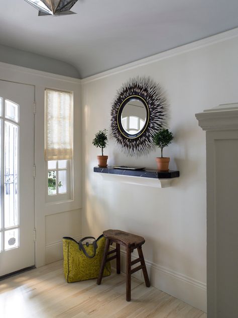 Walls painted in "Albescent" by Benjamin Moore. Cove Ceiling Ideas, Curved Ceiling, Cove Ceiling, Coved Ceiling, Classic White Kitchen, Light Hardwood Floors, Dado Rail, Entryway Mirror, Foyer Design