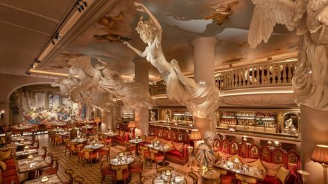 Damien Hirst sculptures feature inside Bacchanalia London restaurant Porsche Showroom, Ceiling Murals, Opulent Interiors, Romantic Restaurant, Budapest Hotel, London Clubs, Damien Hirst, Outdoor Restaurant, London Restaurants