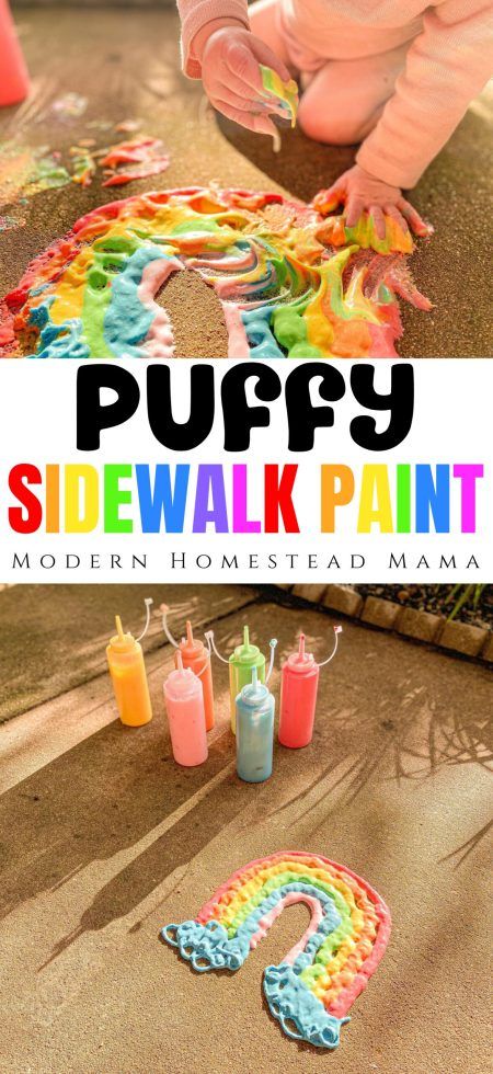 Puffy Sidewalk Paint (How to Make & Use Puffy Sidewalk Paint) | Modern Homestead Mama Puffy Sidewalk Chalk Paint, Paint With Shaving Cream, Puffy Sidewalk Paint, Shaving Cream Painting, Rainbow Snacks, Sidewalk Paint, Modern Homestead, Rainbow Activities, Paint Modern