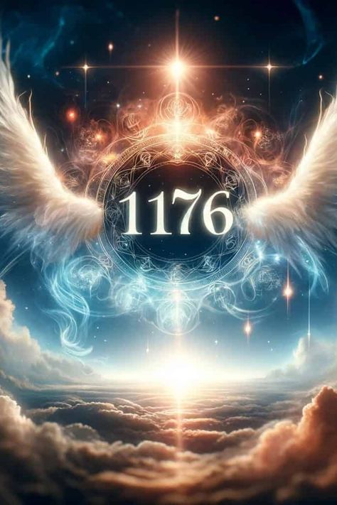 The number 1176 glows at the center of an ethereal scene with angelic wings and celestial light. 1176 Angel Number Wallpaper, 1176 Angel Number, 7 Angel Number, Number Codes, Wish Fulfillment, Angel Number Meaning, Fresh Starts, Signs From The Universe, Kindergarten Learning Activities