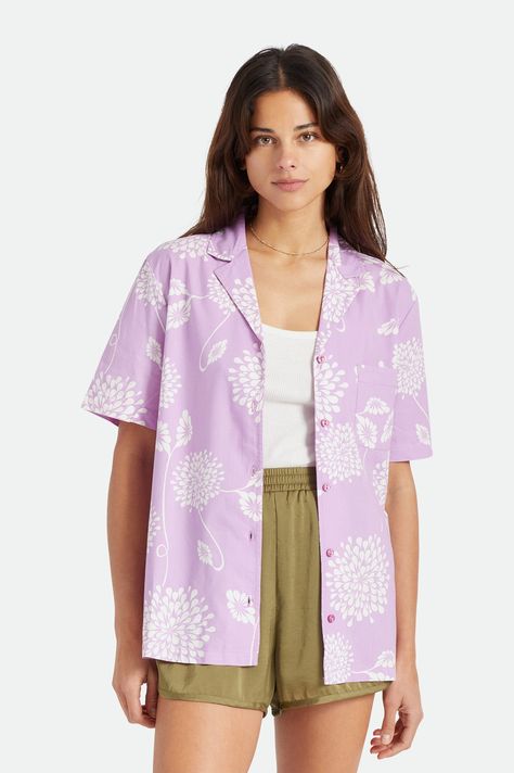 Women's Bunker Garden Floral Boyfriend S/S Woven in Orchid – Brixton Boyfriend Shorts, Floral Short, Woven Top, Notched Collar, Short Sleeve Button Up, Button Up Shirt, Tank Top Shirt, Casual Style, Button Up Shirts