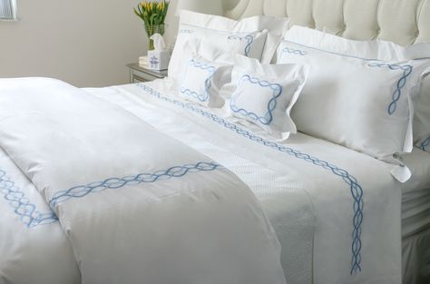 Pioneer Linens: Family Owned Since 1912 – Danielle D Rollins Chain Embroidery, Fine Bedding, Bed Ensemble, Embroidered Bedding, Grey Linen Bedding, Bed Linen Design, White Linen Bedding, Percale Sheets, Bed Linens