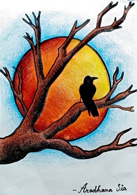 Poster Colour Drawing Easy, Birds Drawing Easy For Kids, Easy Pencil Colour Drawings, Bird Sunset, Scenery Drawing For Kids, Sunset Drawing, Easy Scenery Drawing, Birds Drawing, Hard Drawings