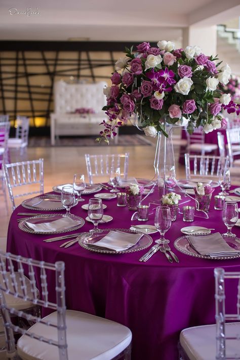 Magenta Wedding Decorations, Viva Magenta Wedding, Magenta Wedding, Candelabra Centerpiece, Purple Wedding Theme, Viva Magenta, Wedding Table Decorations, Lavender Wedding, Wedding Table Settings