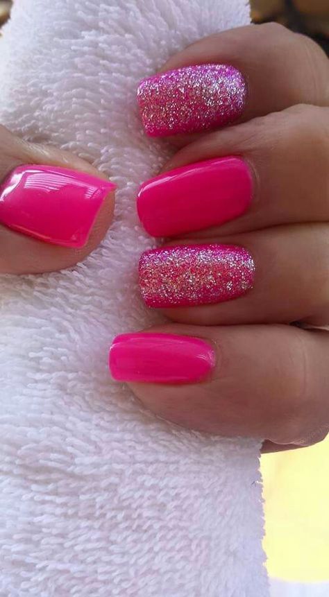 Pink Glitter Shellac Nails, Neon Pink With Glitter Nails, Bright Pink And Silver Nails, Pink Short Glitter Nails, Hot Pink Nails Glitter Accent, Nail Ideas Hot Pink Art Designs, Hot Pink And White Glitter Nails, Bright Pink And Silver Glitter Nails, Bright Pink Holiday Nails