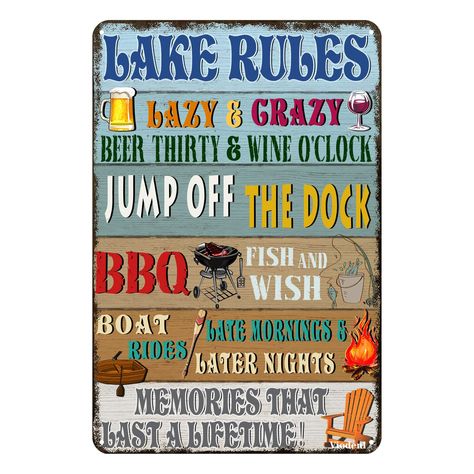 PRICES MAY VARY. Lake Rules Sign - Perfect decor for Lakes or pools! Add a splash of wall art decor to your lake or swimming area this season.Funny lake rules signs.Metal sign dimensions are 12x8 Inch FEATURES:Tin signs are printed by waterproof and non-glare high-definition digital printing ink.The graphics and wordings of the sign will withstand the elements and will not fade over the years.No matter the sun, rain, or other extreme weather. Easy To Hang: This Lightweight Metal Tin Sign Comes W Country Lake House, Lake Rules, Cave Pool, Farmhouse Cabin, House Farmhouse, Bar Wall Decor, Beach Bar, Bar Wall, Lake House