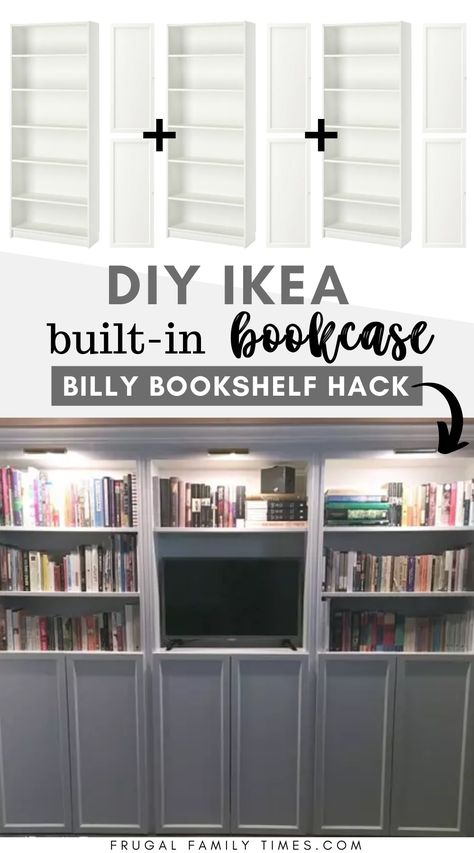 This step-by-step tutorial makes making wall-to-wall bookshelves easy. This IKEA Billy Bookcase Built turned out beautifully. We used the Oxberg doors for hidden storage underneath. Also brass library lights. Another great IKEA hack! We might be addicts now. Wall To Wall Bookshelves, Bookshelf Ikea, Billy Bookcase With Doors, Bookcase Hack, Billy Ikea, Ikea Built In, Best Ikea Hacks, Ikea Desk Hack, Basement Guest Rooms