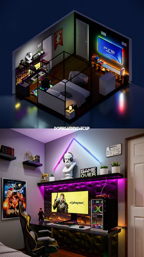 This RGB bedroom designed for @henry_j__ with some Harry Potter accessories in a budget of 1.8K USD Size of room : 5x4 meters Ideas For Gaming Room, Budget Gaming Room, Bedroom With Gaming Setup, Rgb Bedroom, Gamer Room Ideas, Nerd Bedroom, Gaming Room Setup Bedrooms, Small Gaming Room Ideas, Gamer Bedroom Ideas