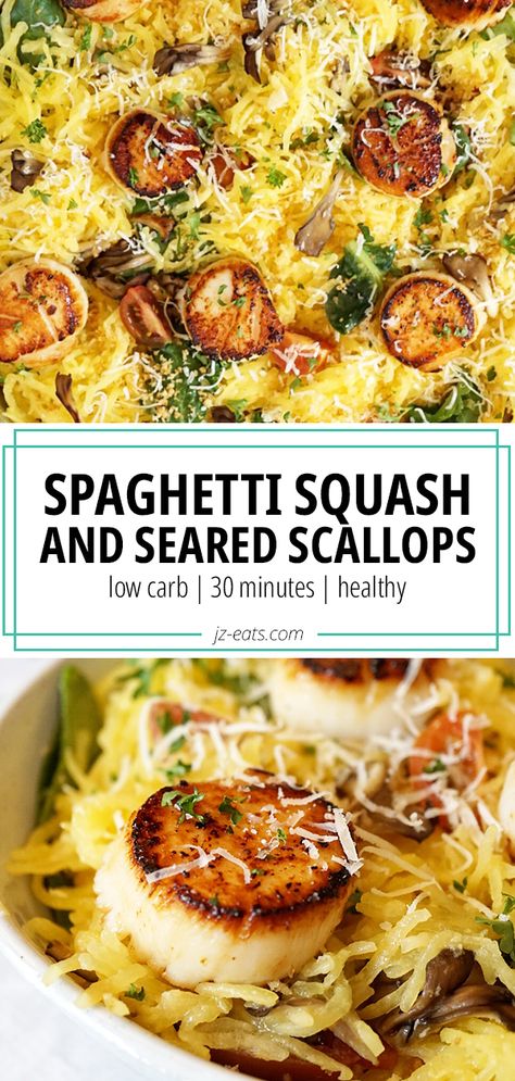 A restaurant quality spaghetti squash recipe with seared scallops that looks and sounds fancy, but is so easy to make! From stove top to table top in 30 minutes! #spaghettisquash #spaghettisquashrecipes #lowcarbrecipes #searedscallops #scallopsrecipes Scallops And Spaghetti Squash, Seafood Board, Spaghetti Squash Shrimp, Spaghetti Squash Recipes Healthy, Spaghetti Squash Recipe, Seafood Meals, Baked Scallops, Delicious Seafood Recipes, Main Course Dishes