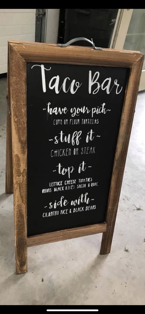 Wedding Taco Bar Ideas, Mexican Wedding Foods, Buffet Style Wedding Reception, Taco Bar Ideas, Outdoor Wedding Foods, Taco Bar Sign, Taco Bar Wedding, Backyard Wedding Food, Casual Wedding Reception