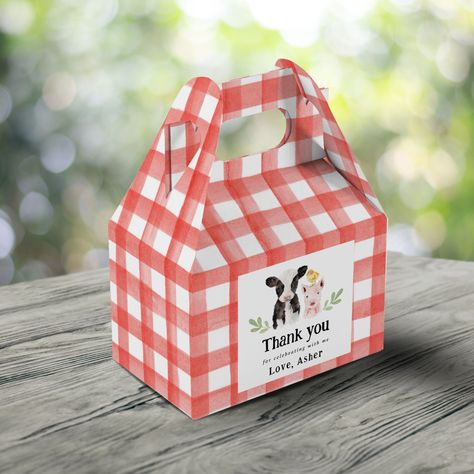 Cute Farm Animals, Barnyard Birthday Party, Favor Boxes Birthday, Small Gathering, Barnyard Party, Barnyard Birthday, Gingham Pattern, Party Favor Boxes, 20th Birthday