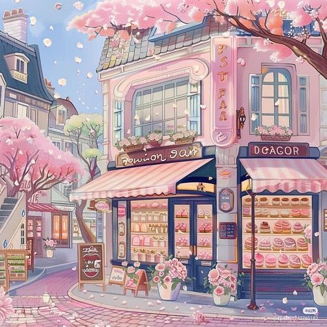 Cute Cafe Outside, Storefront Illustration, Poetic Photography, Gintama Wallpaper, Pink Wallpaper Girly, Soft Pink Theme, Dreamy Artwork, Architecture Design Drawing, Tea Art