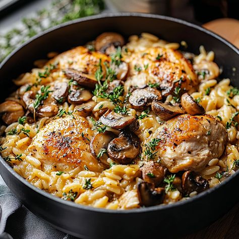 One Pot Chicken and Mushroom Orzo - Simply Recipes - Fewer Worries, More Delight Chicken Mushroom Orzo Recipes, Chicken Thigh And Orzo Recipes, Chicken Thighs And Orzo Recipes, Chicken Thigh Orzo Recipes, Chicken Thigh Mushroom Recipes, Chicken And Orzo Recipes One Pot, Chicken Thigh Orzo, Orzo And Chicken Recipes, Chicken And Mushroom Orzo