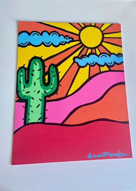 This piece is a desert landscape with some retro rays, fluffy-blue clouds, and a cactus.  The size is 11x14 inches on a canvas panel.  Please send me a message with any questions or inquiries! Cute Easy Paintings, Cactus Painting, Hippie Painting, Simple Canvas Paintings, Cute Canvas Paintings, Easy Canvas Art, Canvas Drawings, Soyut Sanat Tabloları, Canvas Painting Designs