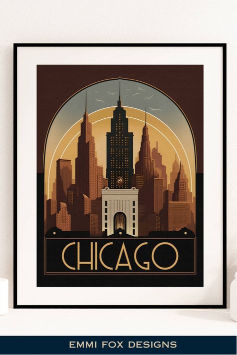 Step back in time with this stunning Chicago travel poster designed in art deco style. A nostalgic nod to the Windy City's rich architectural history, it's perfect for adding a touch of vintage flair to your home decor. Pin this to remember your favorite Chicago memories! Art Deco Chicago, Art Deco Interior 1920s, Chicago Art Gallery, 1920s Chicago, 1920 Chicago, Chicago Art Deco Architecture, Chicago Art Print, Poster Art Deco, Art Deco Hotel