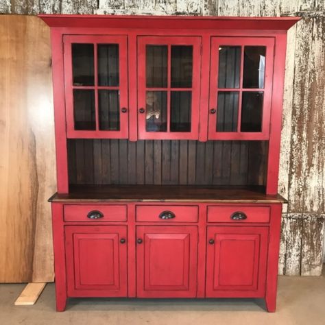 Reclaimed Pine Hutch | Furniture From The Barn Corner Cabinet Makeover, Refinished China Cabinet, Red Hutch, Red Buffet, Pine Hutch, Buffet With Hutch, Hutch Furniture, Painted Hutch, Built In Buffet