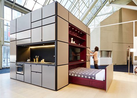 Italian designer Luca Nichetto and developer Urban Capital created Cubitat, a sleek plug-and-play unit that shelters a kitchen, bathroom, bedroom and living room. Downtown Living, Mini Loft, Smart House, Micro House, Casa Container, Prefabricated Houses, 아파트 인테리어, Compact Living, House Inside