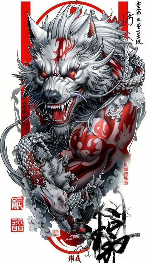 Roman Wolf Tattoo, Japanese Wolf, Blue Rose Tattoos, Lion Photography, Japan Tattoo Design, Dragon Artwork Fantasy, Red Ink Tattoos, Werewolf Art, Sketch Tattoo Design