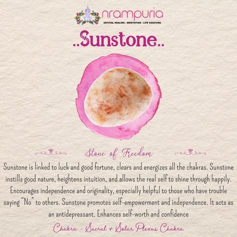 Sunstone is linked to luck and good fortune, clears and energizes all the chakras. Sunstone instills good nature, heightens intuition, and allows the real self to shine through happily. Sunstone promotes self-empowerment and independence. Sunstone Comic, Crystal Grimoire, Sunstone Jewelry, The Chakras, Crystal Healing Stones, Healing Meditation, Solar Plexus Chakra, Self Empowerment, Energy Crystals