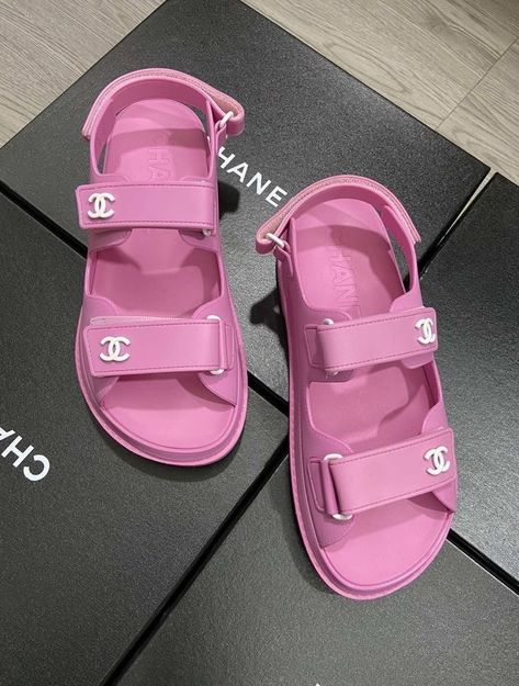 Bling Sandals, Dr Shoes, Chanel Pink, Cute Slippers, Chanel Sandals, Pink Chanel, Hype Shoes, Girly Shoes, Pink Sandals