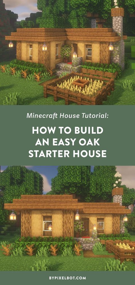 Minecraft: How to Build an Easy Oak Starter House (Simple Survival House) Mc Oak House, Cute Basic Minecraft Houses, Oak And Cobblestone House Minecraft, Basic Mc House, Starter Minecraft House Easy, Cute Easy Minecraft Houses Survival, Basic Starter House Minecraft, Minecraft Basic House Ideas, Minecraft Houses Cobblestone