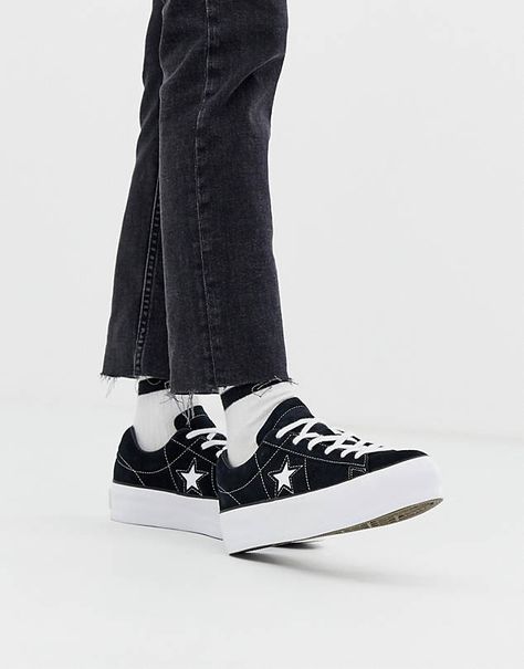 Converse One Star Black, Black Platform Sneakers, Converse Platform, Moda Aesthetic, Platform Trainers, Dr Shoes, Star Black, Funky Shoes, Converse One Star