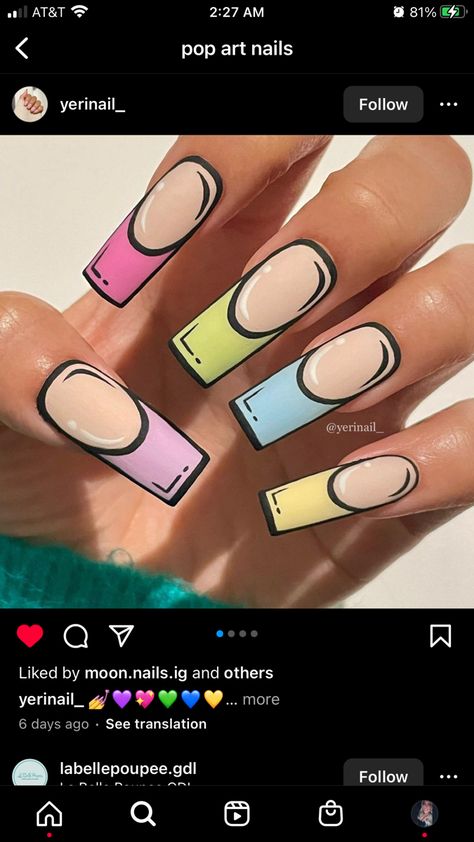 #cartoonnails #nails #popartnails Pop Art French Tip Nails, Pop Art Tutorial, Nails Fancy, Cartoon Nail Art, Nail Art French, Pop Art Nails, Girly Acrylic, Nail Time, Fancy Nails Designs