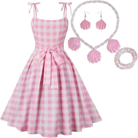 Get ready to turn heads with this 50s Vintage Halter Dress! Made of lightweight polyester, it's both comfortable and elegant. Complete with a stylish shell necklace, earrings, and bracelet, this retro cocktail dress will make you look charming and beautiful. Choose between a pink checkered or vintage plaid design, perfect for daily wear or special occasions. Available in various sizes. Click to order and rock that 1950s look now. Dresses With Accessories, Vintage Retro Outfits, Retro Cocktail Dress, 1950s Look, Pink Plaid Dress, Vintage Halter Dress, Women Costumes, 50s Vintage, Vintage Plaid