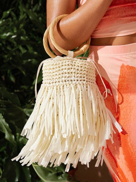 Solid Color Woven Straw Tassel Tote Bag, Suitable For Beach Holiday Travel Use White Elegant,Glamorous   Paper Plain Crochet Bags   Women Bags, size features are:Bust: ,Length: ,Sleeve Length: Paper Plain, Crochet World, New Crafts, Crochet Bags, Beach Holiday, Holiday Travel, Creative Expressions, Creative Inspiration, Crochet Bag