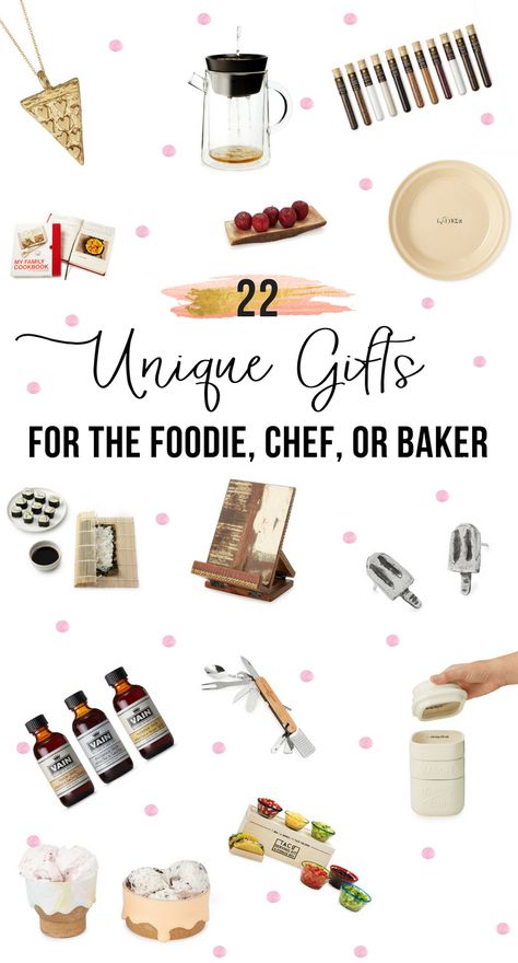 Looking for that perfect gift for the favorite cook in your life? This list of 22 Unique Gifts for the Foodie, Chef, or Baker highlights just that—from tools to make the job easier to some fun and uncommon finds. Best Kitchen Gifts Holidays, Food Lover Gifts, Cooking Lovers Gifts, Christmas Gifts For Bakers, Gifts For Home Chef, Kitchen Gifts For Christmas, Baker Gift Basket, Bakers Gift Ideas, Cooking Christmas Gifts