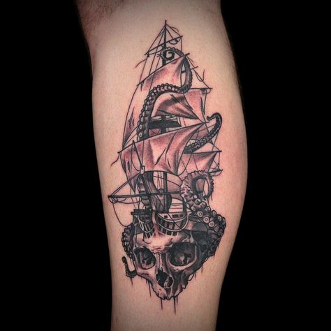 Sail Ship With Skull and Tentacles Tattoo by Jake Ross Hai Tattoo, Kraken Tattoo, Monster Tattoo, Tattoo Shoulder, Elbow Tattoos, Back Tattoos For Guys, Octopus Tattoo, Ship Tattoo, Tattoo Meaning