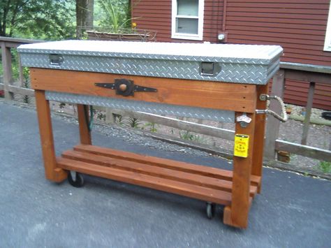 Truck Toolbox Repurposed, Tool Box Desk, Truck Tool Box Repurposed, Tool Box Repurposed, Truck Tool Box Ideas, Toolbox Dresser, Grill Shack, Bed Organization, Toolbox Ideas