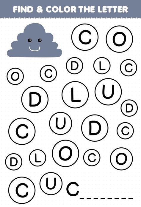 Education game for children find and color letter C for cloud printable nature worksheet Cloud Worksheet, C Is For Cloud, Nature Worksheet, Cloud Printable, Letter C Activities, Find And Color, C Letter, Game For Children, Letter Activities