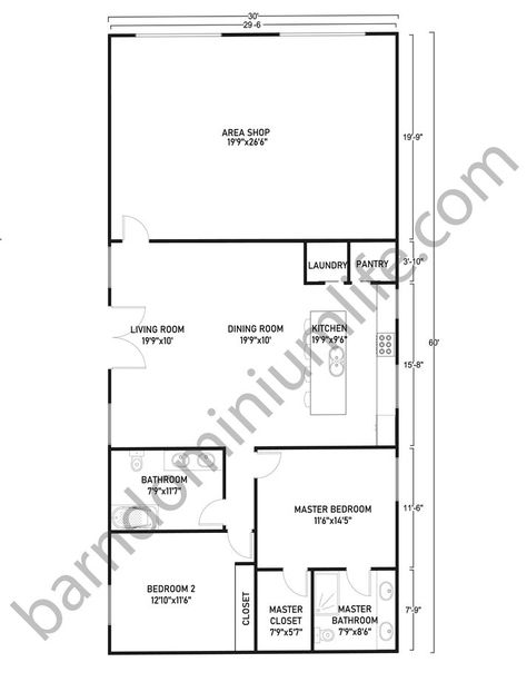 30x60 Barndominium with Shop Floor Plans – 8 Great Designs for a Uniquely Sized Floor Area 30x60 Barndominium, Texas Barndominium, Freedom House, Printable House, Barndominium Interior, Barndominium House, 3 Bedroom Floor Plan, Shop Floor, Barndominium Plans