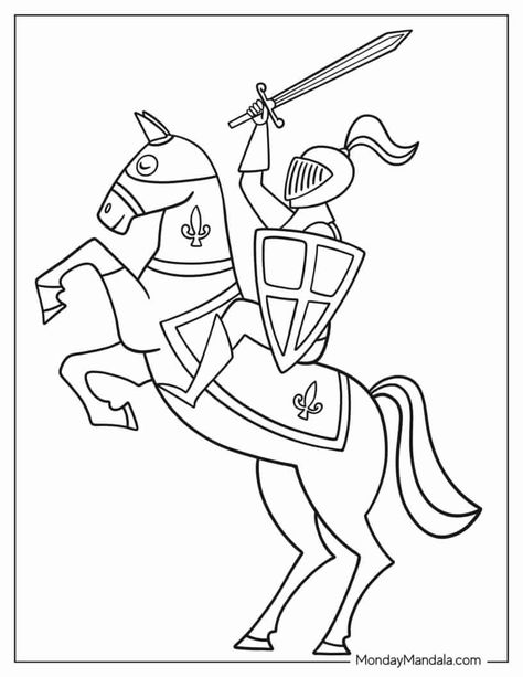 20 Knight Coloring Pages (Free PDF Printables) Medieval Coloring Pages Free Printable, Knight Coloring Pages Free Printable, Middle Ages Coloring Pages, Knight Coloring Pages, Knight Birthday Party, Unusual Wall Art, Kids Castle, Lego Knights, Knight Shield