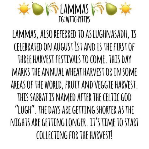 Image may contain: text that says 'LAMMAS IG :WITCHYTIPS LAMMAS, ALSO REFERRED TO AS LUGHNASADH, IS CELEBRATED ON AUGUST IST AND IS THE FIRST OF THREE HARVEST FESTIVALS TO COME. THIS DAY MARKS THE ANNUAL WHEAT HARVEST OR IN SOME AREAS OF THE WORLD, FRUIT AND VEGGIE HARVEST. THIS SABBAT IS NAMED AFTER THE CEL TIC GOD "LUGH" THE DAYS ARE GETTING SHORTER AS THE NIGHTS ARE GETTING LONGER. IT'S TIME TO START COLLECTING FOR THE HARVEST!'    #Regram via @B0RAX0thJPH Lammas Lughnasadh, Harvest Festivals, Celtic Gods, Eclectic Witch, Witchcraft Spell Books, Moon Witch, Magical Life, Wicca Witchcraft, Baby Witch