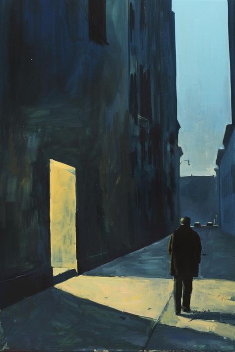 The artwork 'Alleyway at 3 AM' stands as a profound homage to the evocative style of Edward Hopper, an iconic figure in American realism whose works capture the essence of solitude and introspection. This piece, rendered on high-quality canvas, encapsulates the stillness of an urban landscape at night, where a solitary man stands before a single door, embodying the isolation that often permeates urban existence. Through its meticulous attention to detail and atmosphere, the artwork invites viewers to reflect on the complexities of modern life, loneliness, and the often-unseen stories that unfold in the quiet corners of a city.  The artist employs a rich palette of muted colors that evokes a sense of calm yet lingering tension, characteristic of Hopper's iconic nighttime scenes. The interpl Edward Hopper Paintings Artworks, Stillness Aesthetic, Construction Artwork, Hopper Artist, Edward Hopper Art, Landscape At Night, Edward Hopper Paintings, Hopper Art, American Realism