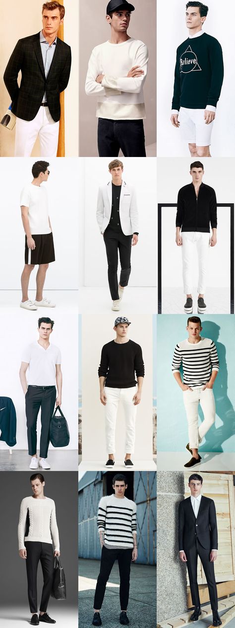 Colour Combinations To-Go for 2015 Spring/Summer: Black & White Lookbook… Black And White Outfit Ideas Men, Men Fashion Black And White, Black And White Outfits Men, House Party Outfit, Mens Fashion Summer Outfits, White Party Outfit, Party Outfit Men, Male Pose, Fashion Shades