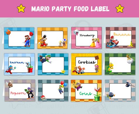 Super Mario Food Labels, Super Mario Food, Mario Party Food, Super Mario Party Food, Mario Food, Birthday Feast, Super Mario Bros Birthday Party, Mario And Princess Peach, Mario Bros Birthday